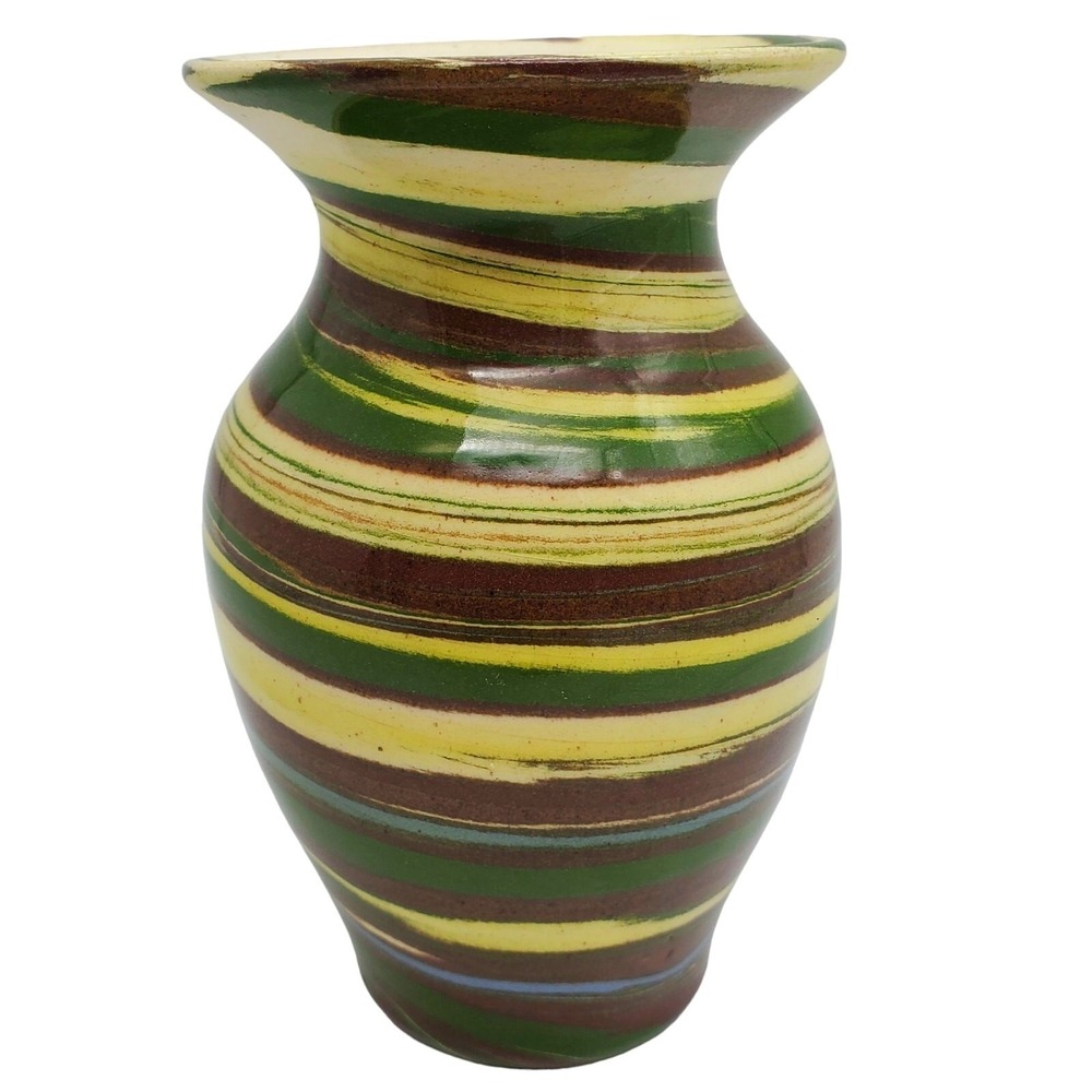 Mission Pottery Vase Striped Swirl Pattern Green Brown Yellow Studio Art Ceramic